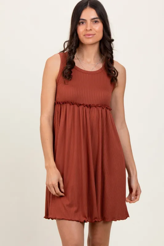 Rust Ribbed Sleeveless Lettuce Trim Mini Dress sold by Pinkblush
