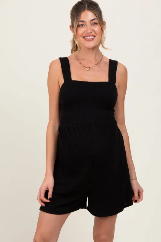 Black Ribbed Smocked Bodice Maternity Romper sold by Pinkblush