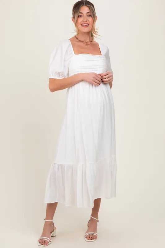 White Pleated Bodice Puff Sleeve Maternity Midi Dress sold by Pinkblush