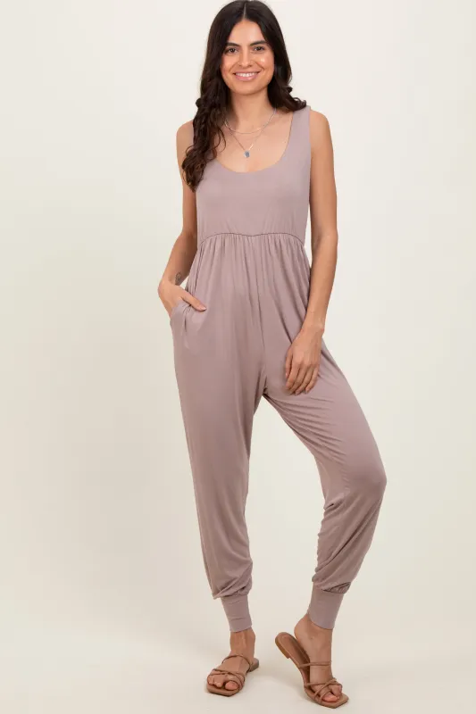 Mocha Scoop Neck Sleeveless Jogger Jumpsuit sold by Pinkblush