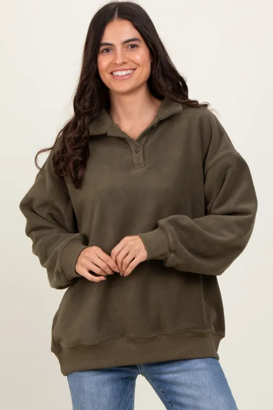 Olive Fleece Collared Button Up Pullover sold by Pinkblush