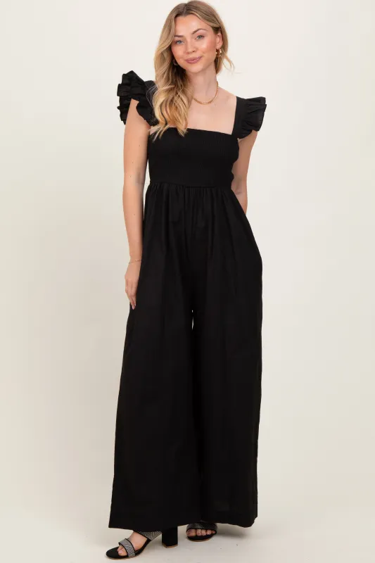Black Ruffle Strap Smocked Wide Leg Jumpsuit sold by Pinkblush