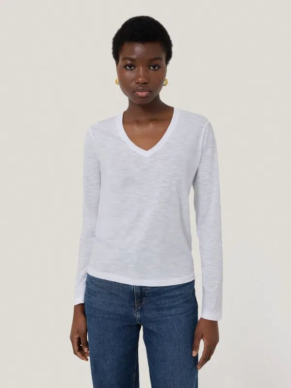 Cotton Slub V Neck Long Sleeve Tee | White sold by Jigsaw