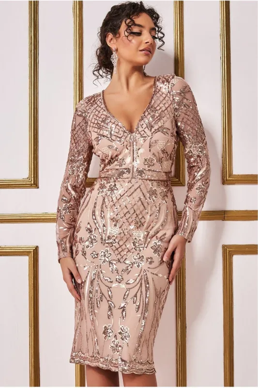 Full Sleeve Sequin Midi Dress - Champagne by Goddiva sold by Goddiva
