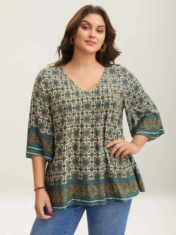 Pin-Tuck Pleat Ornate Print Relaxed Fit Shirt sold by Bloomchic