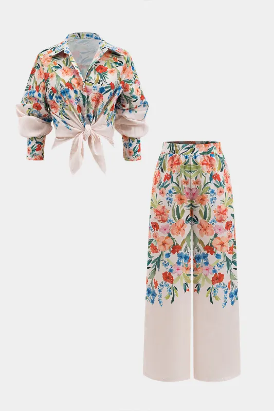 Blomsterprint Ruched Button Shirt og Wide Leg Bukser sæt sold by Micas