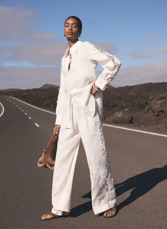 White Linen Lace Trim Wide Trousers sold by Mint Velvet