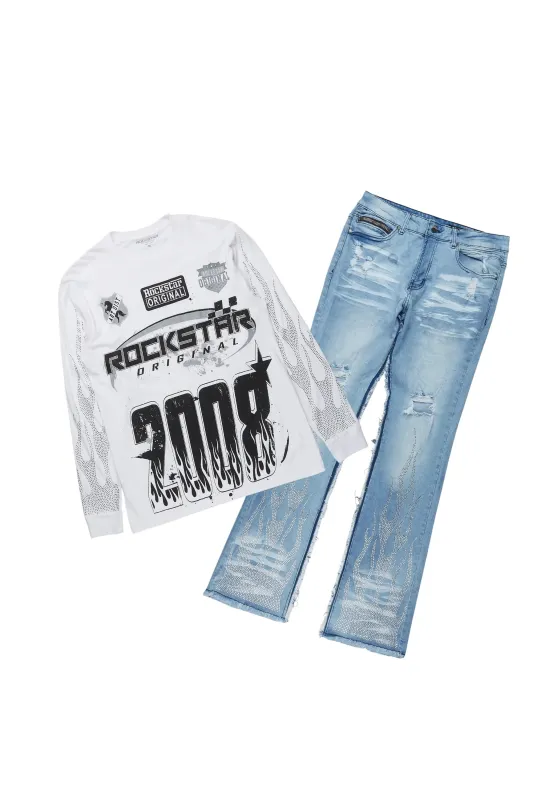 Amos White/Blue Rhinestone Long Sleeve T-Shirt/Stacked Flare Jean Set sold by Rockstar Original