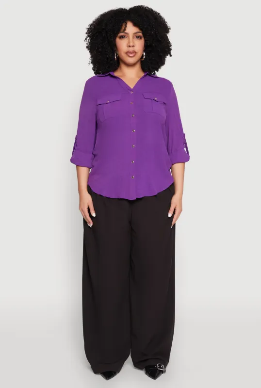 Plus Size Airy Tabbed Sleeve Shirt sold by Rainbow