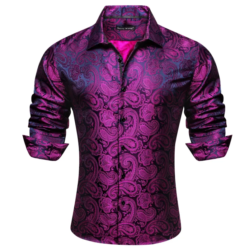 Barry.Wang Orange Blue Green Paisley Shirt Men Long Sleeve Dress Shirt sold by Barrywang