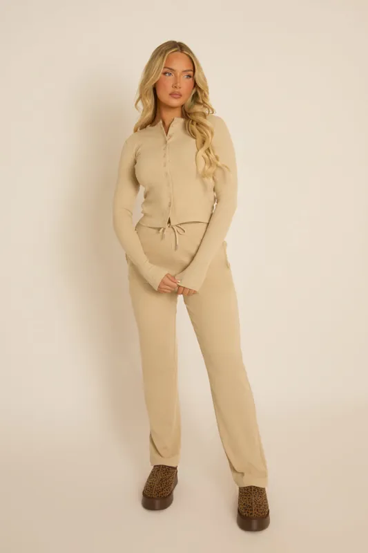 Beige Ribbed Button Front Long Sleeve Top and Trouser Co-Ord - Giselle sold by Rebellious Fashion
