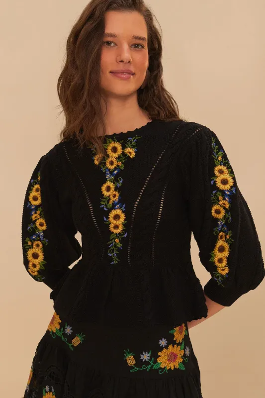Black Floral Embroidery Knit Top sold by FARM Rio