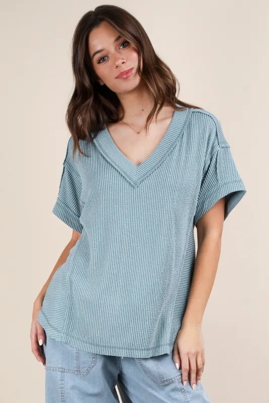 Blue Ribbed Raw Hem Short Sleeve Top sold by Pinkblush