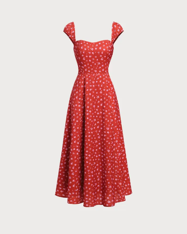 Red Floral Sweetheart Neck Cap Sleeve Midi Dress sold by rihoas