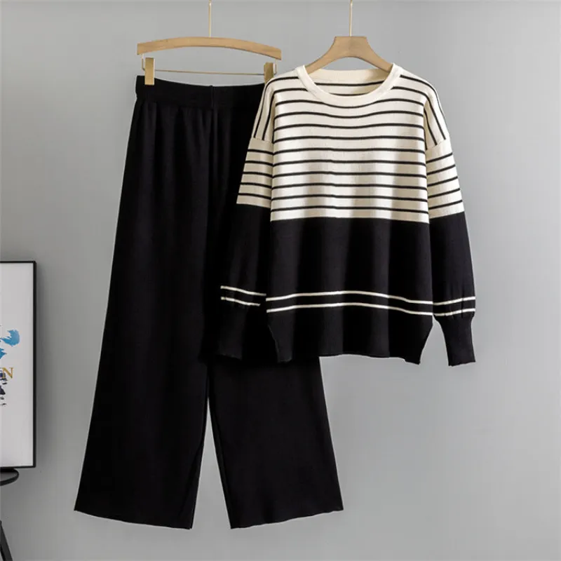 Black - Striped Knitted Loose Two Piece Set sold by Viva Estel