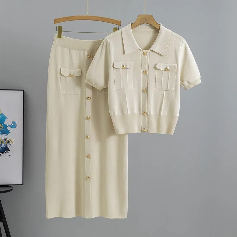 Apricot - Short-Sleeve Knitted Cardigan Two Piece Set sold by Viva Estel