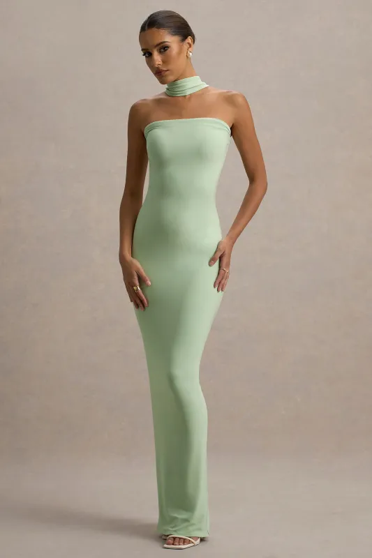 Nobu | Light Green Bandeau Maxi Dress With Halter-Collar sold by Club L London