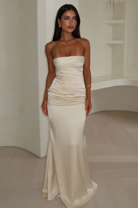 Ophelia Strapless Embellished Satin Maxi Dress - Champagne sold by Thats So Fetch