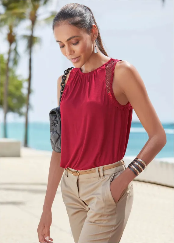 Lace Inset Keyhole Tank - Red sold by VENUS