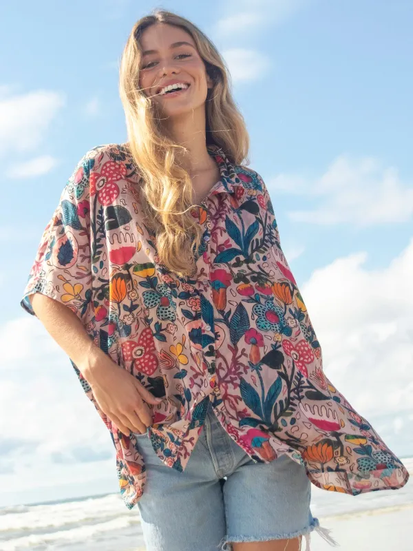 Kelly Oversized Cotton Button Down - Pink Flung Floral sold by NATURAL LIFE