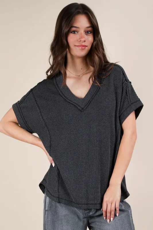 Charcoal Ribbed Raw Hem Short Sleeve Top sold by Pinkblush