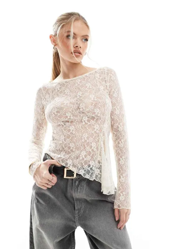 Bershka asymmetric lace top in ecru-Neutral sold by ASOS