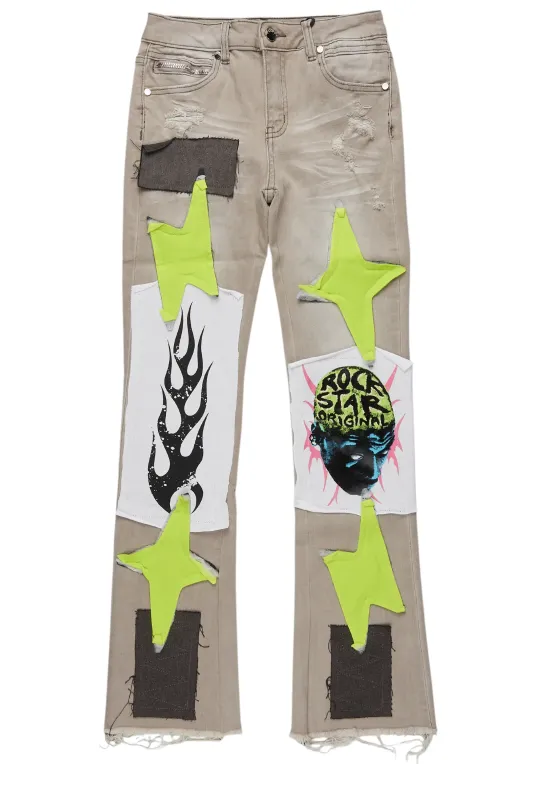 Boys Edgar Grey/Yellow Patchwork Stacked Flare Jean sold by Rockstar Original