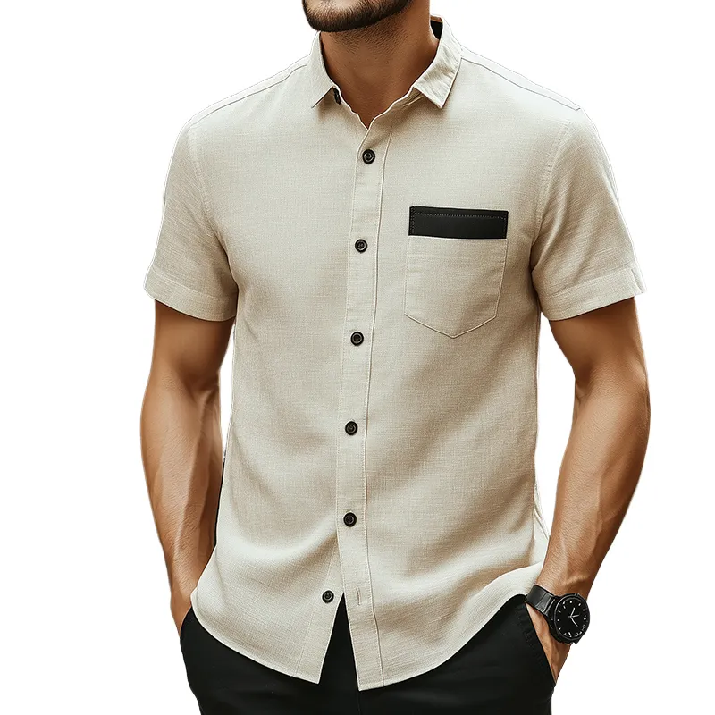 Men's Retro Casual Linen Colorblock Simple Lapel Pocket Short Sleeve Shirt 38224426TO sold by Manly
