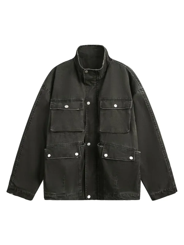 Retro Washed Distressed Multi-Pocket Work Jacket sold by Thesupermade