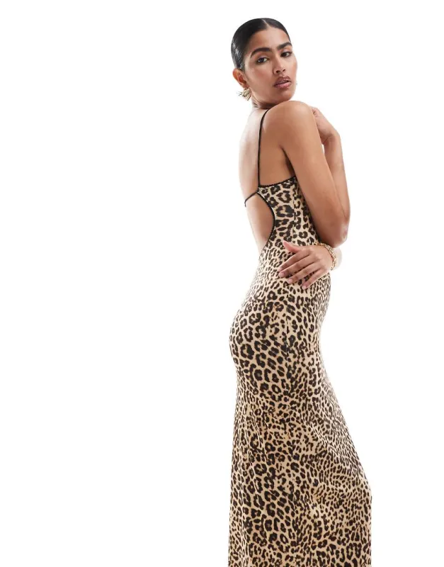 Bershka contrast trim strappy maxi dress in leopard print-Multi sold by ASOS