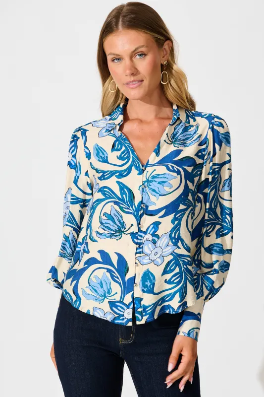 Florence Shirt in Blue Floral Print sold by St Frock
