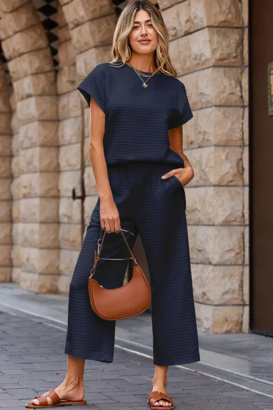 Navy Blue Solid Color Textured Short Sleeve Top and Casual Pants Set sold by Beagle Boutique