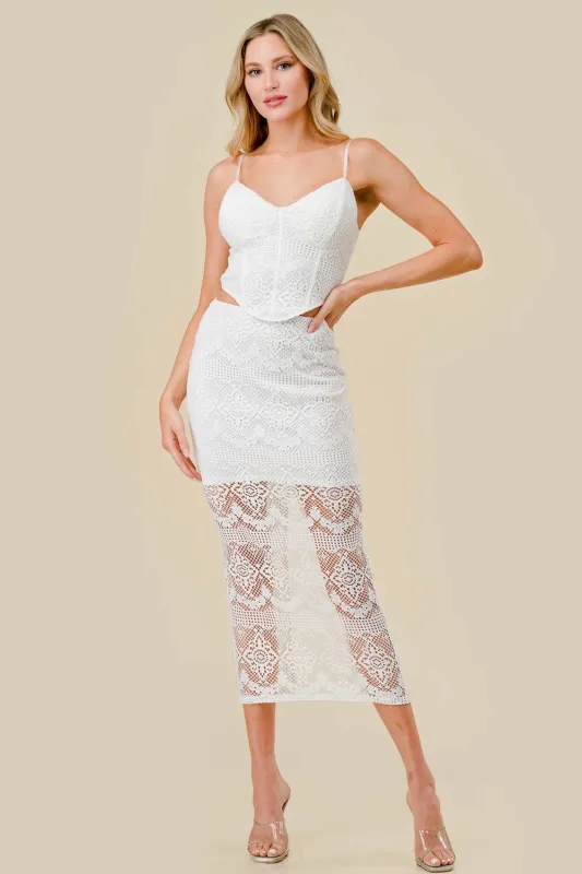 CROCHET LACE BUSTIER TOP & SEE-THRU MIDI SKIRT SET sold by privy