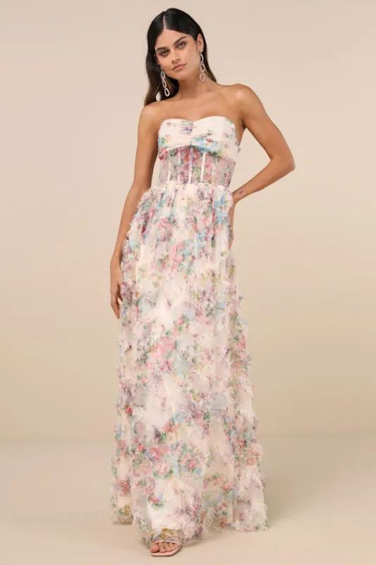 Stunning Element Cream Floral Mesh Ruffled Strapless Maxi Dress sold by Lulus