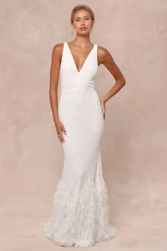 Glamorous Vow White Beaded Feather Lurex Mermaid Maxi Dress sold by Lulus