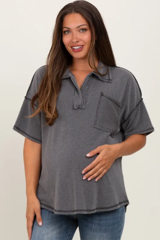 Charcoal Two Tone Ribbed Reverse Stitch Maternity Tunic Top sold by Pinkblush