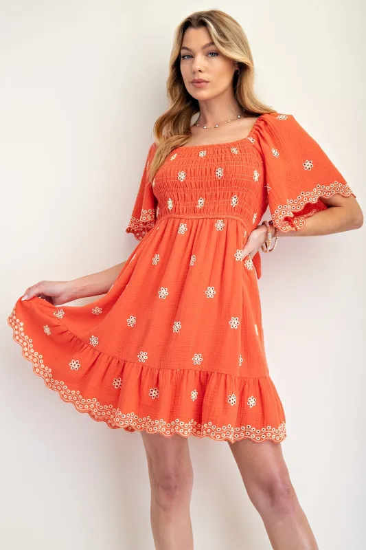 Orange Embroidered Detail Smocked Tie Back Dress sold by Pinkblush
