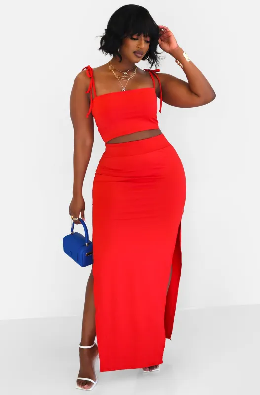 Hottie Tie Strap Crop Top & Thigh Slit Maxi Bodycon Skirt  - Red sold by Rebdolls
