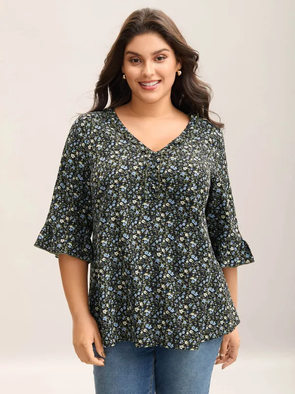 Ditsy Floral Print Frill Trim Blouse sold by Bloomchic