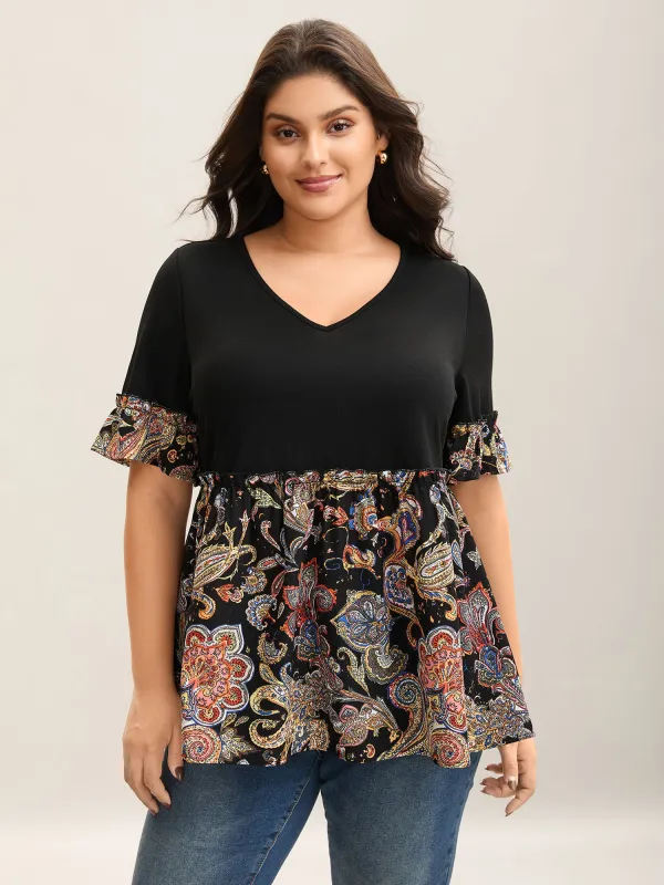 Floral Print Spliced V-Neck Knit Top sold by Bloomchic