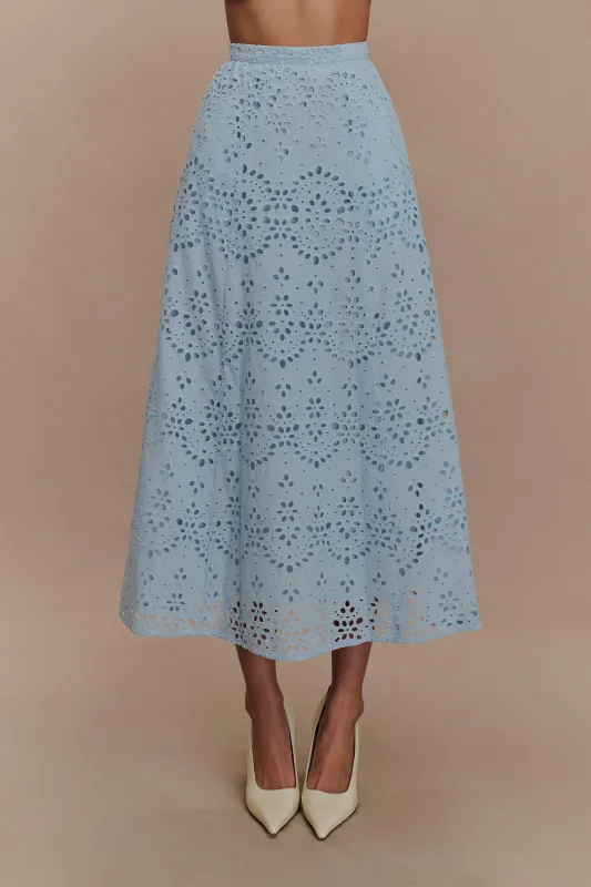 Arla Broderie Midi Skirt - Pale Cornflower Blue sold by Meshki