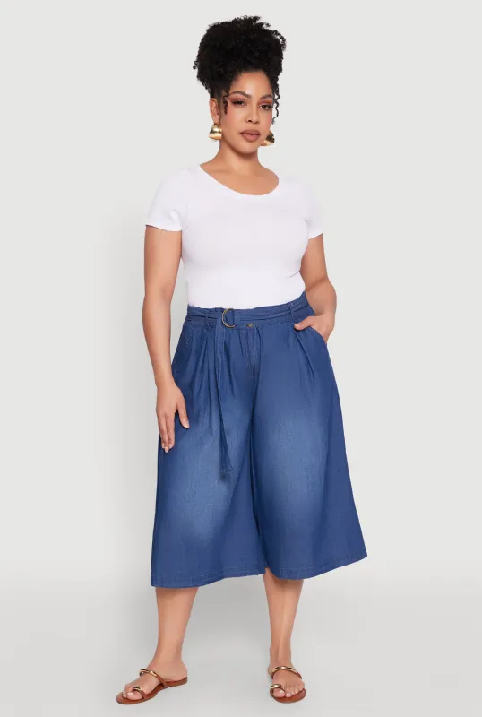 Plus Size Belted Front Chambray Culottes sold by Rainbow