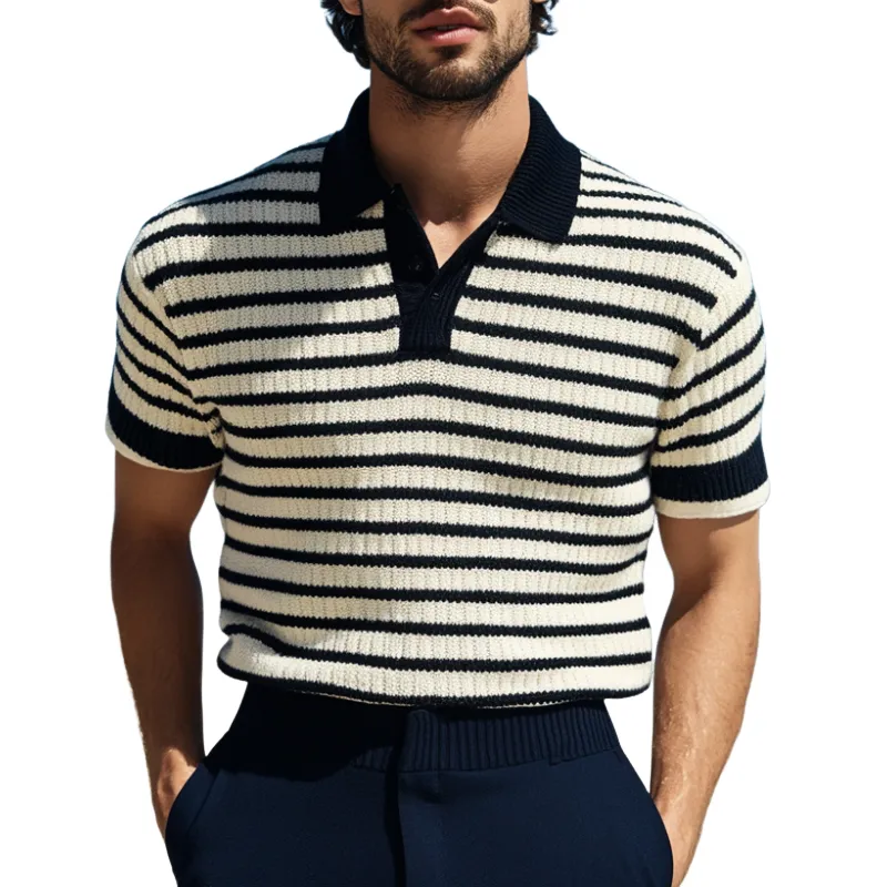 Men's Casual Lapel Striped Jacquard Slim Fit Knitted Short Sleeve Sweater T-Shirt 72554942M sold by Manly