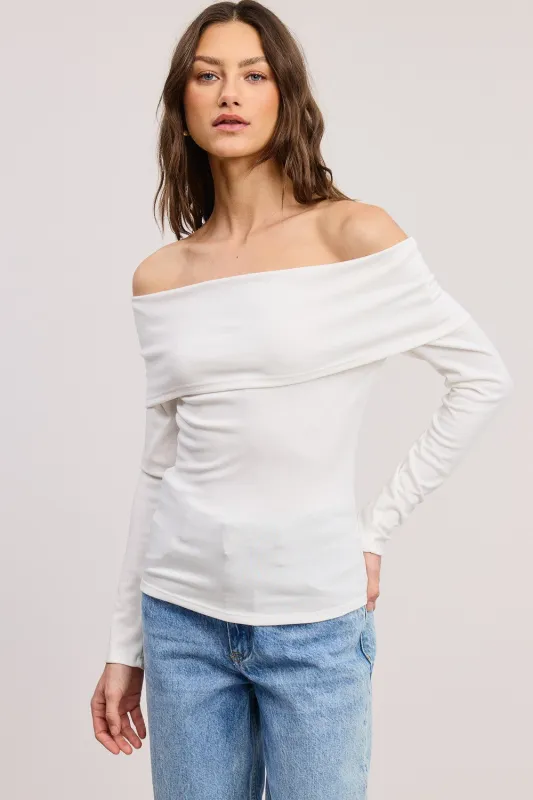 White Off Shoulder Foldover Long Sleeve Top sold by Pinkblush