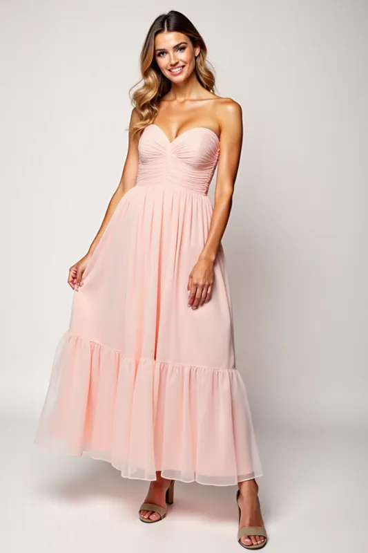 Blush A Line Strapless Ruched Chiffon Long Bridesmaid Dress sold by Zapaka