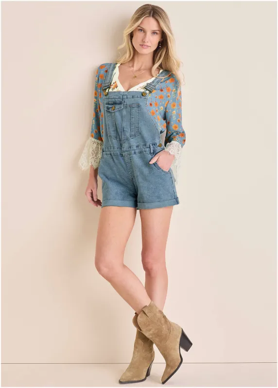 V-Back Denim Overalls - Light Wash sold by VENUS