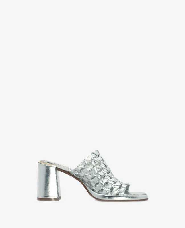 Solara Metallic Leather Woven Heel Sandal sold by Kenneth Cole