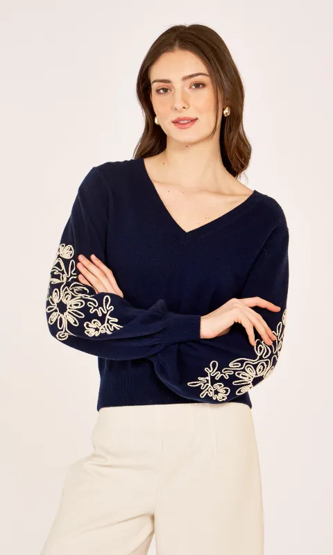 Puff Sleeve V w/ Contrast Embroidery sold by Autumn Cashmere