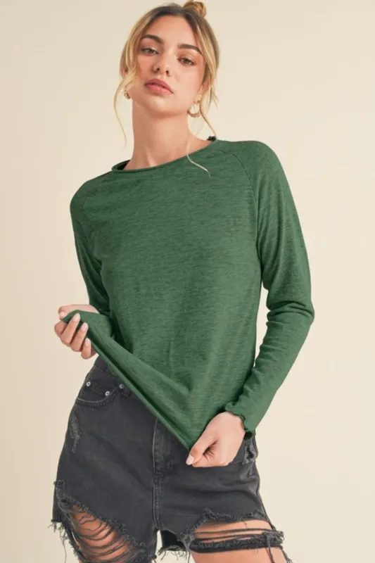 Aemi + Co Lettuce Hemline Round Neck Raglan Sleeve T-Shirt sold by Charming Charlie
