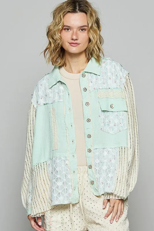 POL Lace Trim Crochet Button Up Denim Jacket sold by Charming Charlie